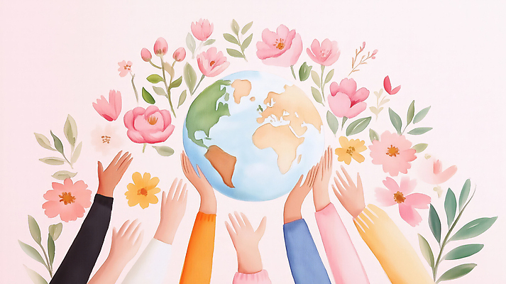 JPG 손 꽃 행복 지구 분홍색 일러스트 미래 협력 사랑 신체부위 평화 자연보호 국내일러스트 AI일러스트 AI콘텐츠 식물 감정 컬러 컨셉 자연 사람 보호 파일형식