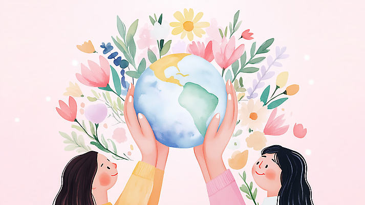 JPG 여자 지구 어린이 분홍색 일러스트 자연 사랑 미소 소녀 두명 평화 자연보호 보호 소녀만 국내일러스트 AI일러스트 AI콘텐츠 감정 컬러 컨셉 표정 사람 생태계 여자만 어린이만 파일형식