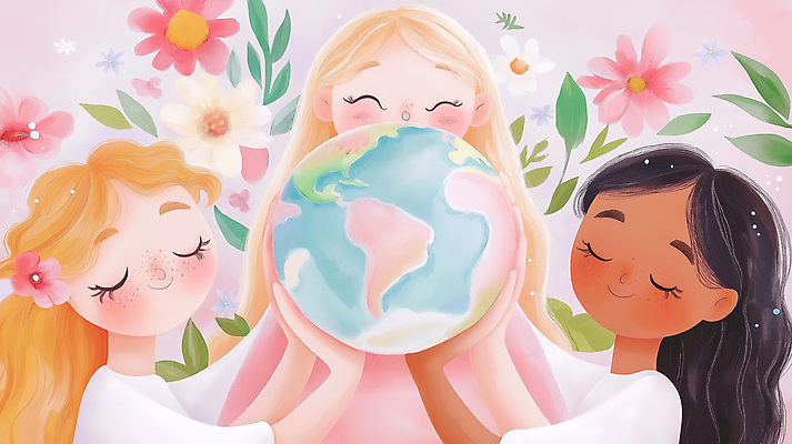 JPG 식물 여자 꽃 행복 지구 어린이 분홍색 일러스트 자연 미래 사랑 소녀 세명 평화 자연보호 환경 우정 보호 소녀만 국내일러스트 AI일러스트 AI콘텐츠 감정 컬러 컨셉 사람 친구 생태계 여자만 어린이만 파일형식
