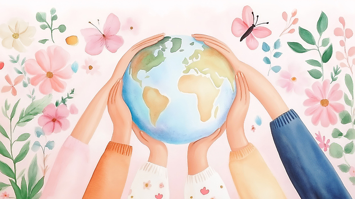 JPG 손 꽃 행복 지구 분홍색 나비 일러스트 자연 신체부위 평화 자연보호 환경 보호 국내일러스트 AI일러스트 AI콘텐츠 식물 감정 컬러 곤충 컨셉 사람 생태계 파일형식