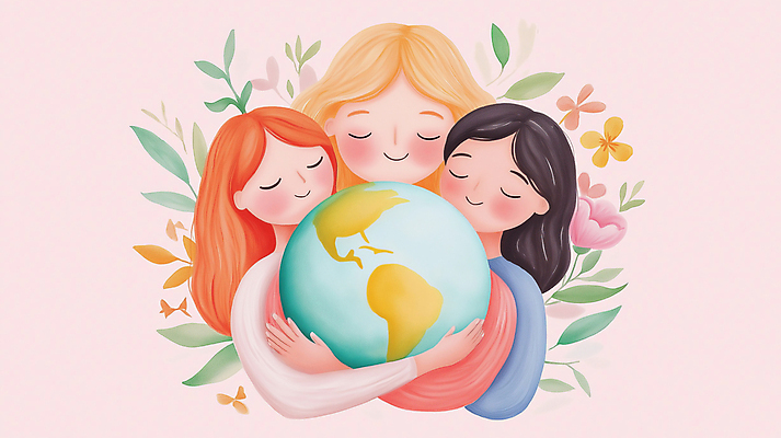 JPG 여자 꽃 행복 지구 어린이 분홍색 일러스트 포옹 자연 소녀 세명 평화 자연보호 환경 보호 소녀만 국내일러스트 AI일러스트 AI콘텐츠 식물 감정 컬러 컨셉 안기 사람 생태계 여자만 어린이만 파일형식