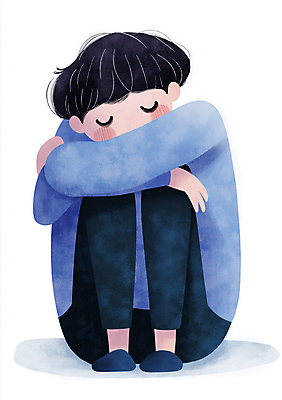JPG 전신 남자 감정 어린이 일러스트 한명 앉기 소년 파란색 슬픔 좌절 고독 감성 소년한명만 국내일러스트 AI일러스트 AI콘텐츠 1 컬러 컨셉 모션 사람 남자한명만 소년만 파일형식