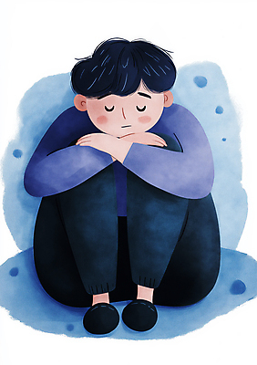 JPG 전신 남자 감정 어린이 일러스트 한명 앉기 소년 파란색 슬픔 좌절 고독 감성 소년한명만 국내일러스트 AI일러스트 AI콘텐츠 1 컬러 컨셉 모션 사람 남자한명만 소년만 파일형식