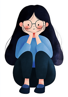 JPG 전신 여자 안경 어린이 생각 일러스트 한명 앉기 소녀 파란색 평화 슬픔 좌절 고민 감성 소녀한명만 국내일러스트 머리짚기 AI일러스트 AI콘텐츠 1 잡화 감정 컬러 컨셉 모션 사람 여자한명만 소녀만 파일형식