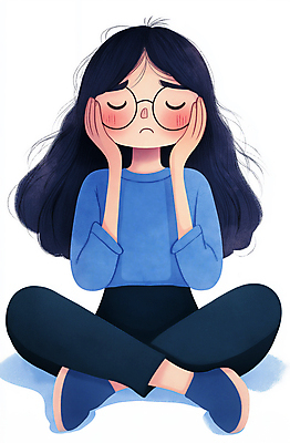 JPG 전신 여자 안경 어린이 생각 일러스트 한명 앉기 소녀 파란색 평화 슬픔 좌절 고민 감성 소녀한명만 국내일러스트 머리짚기 AI일러스트 AI콘텐츠 1 잡화 감정 컬러 컨셉 모션 사람 여자한명만 소녀만 파일형식