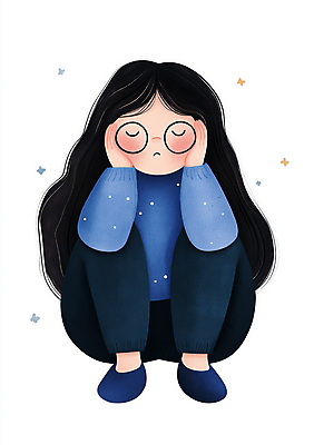 JPG 전신 여자 안경 어린이 생각 일러스트 한명 앉기 소녀 파란색 평화 슬픔 좌절 고민 감성 소녀한명만 국내일러스트 머리짚기 AI일러스트 AI콘텐츠 1 잡화 감정 컬러 컨셉 모션 사람 여자한명만 소녀만 파일형식
