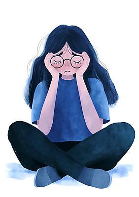 JPG 전신 여자 안경 어린이 생각 일러스트 한명 앉기 소녀 파란색 평화 슬픔 좌절 고민 감성 소녀한명만 국내일러스트 머리짚기 AI일러스트 AI콘텐츠 1 잡화 감정 컬러 컨셉 모션 사람 여자한명만 소녀만 파일형식