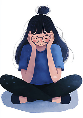 JPG 전신 여자 안경 어린이 생각 일러스트 한명 앉기 소녀 파란색 평화 슬픔 좌절 고민 감성 소녀한명만 국내일러스트 머리짚기 AI일러스트 AI콘텐츠 1 잡화 감정 컬러 컨셉 모션 사람 여자한명만 소녀만 파일형식