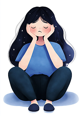 JPG 전신 여자 안경 어린이 생각 일러스트 한명 앉기 소녀 파란색 평화 슬픔 좌절 고민 감성 소녀한명만 국내일러스트 머리짚기 AI일러스트 AI콘텐츠 1 잡화 감정 컬러 컨셉 모션 사람 여자한명만 소녀만 파일형식