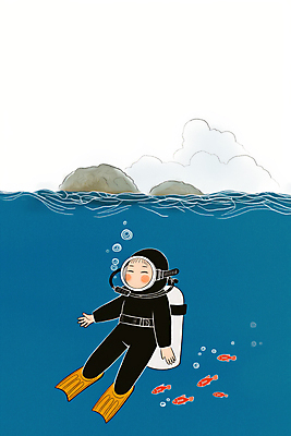 JPG 여자 바다 일러스트 한명 성인 파란색 제주도 수중 수영 돌_바위 잠수 잠수복 해녀 해녀복장 성인여자한명만 국내일러스트 AI일러스트 AI콘텐츠 직업 1 옷 컬러 한국 사람 수상스포츠 여자한명만 성인여자만 파일형식