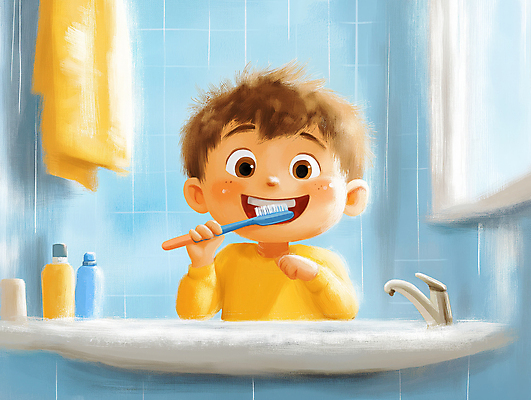 JPG 남자 행복 어린이 일러스트 한명 웃음 소년 일상 파란색 귀여움 깨끗함 욕실 양치 위생 칫솔 세면대 습관 소년한명만 국내일러스트 AI일러스트 AI콘텐츠 1 감정 컬러 컨셉 표정 사람 라이프 위생용품 청결 남자한명만 소년만 파일형식