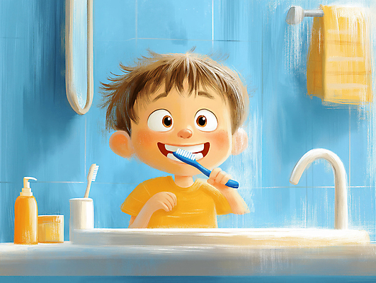 JPG 남자 행복 어린이 일러스트 한명 웃음 소년 일상 파란색 귀여움 깨끗함 욕실 양치 위생 칫솔 세면대 습관 소년한명만 국내일러스트 AI일러스트 AI콘텐츠 1 감정 컬러 컨셉 표정 사람 라이프 위생용품 청결 남자한명만 소년만 파일형식