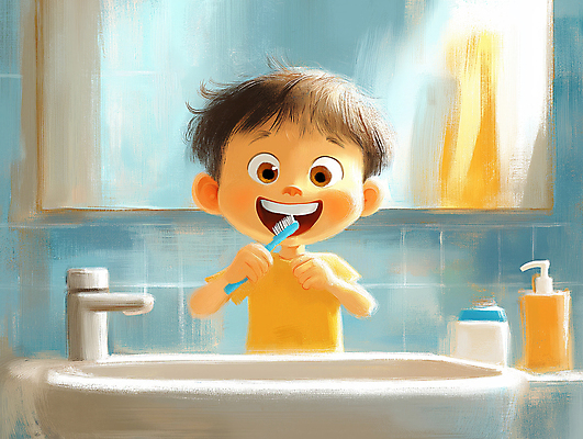 JPG 남자 행복 어린이 일러스트 한명 웃음 소년 일상 파란색 귀여움 깨끗함 욕실 양치 위생 칫솔 세면대 습관 소년한명만 국내일러스트 AI일러스트 AI콘텐츠 1 감정 컬러 컨셉 표정 사람 라이프 위생용품 청결 남자한명만 소년만 파일형식