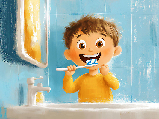 JPG 남자 행복 어린이 일러스트 한명 웃음 소년 일상 파란색 귀여움 깨끗함 욕실 양치 위생 칫솔 세면대 습관 소년한명만 국내일러스트 AI일러스트 AI콘텐츠 1 감정 컬러 컨셉 표정 사람 라이프 위생용품 청결 남자한명만 소년만 파일형식