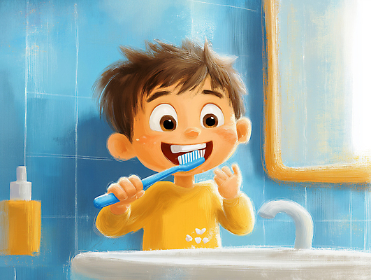 JPG 남자 행복 어린이 일러스트 한명 웃음 소년 일상 파란색 귀여움 깨끗함 욕실 양치 위생 칫솔 세면대 습관 소년한명만 국내일러스트 AI일러스트 AI콘텐츠 1 감정 컬러 컨셉 표정 사람 라이프 위생용품 청결 남자한명만 소년만 파일형식
