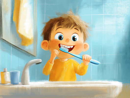 JPG 남자 행복 어린이 일러스트 한명 웃음 소년 일상 파란색 귀여움 깨끗함 욕실 양치 위생 칫솔 세면대 습관 소년한명만 국내일러스트 AI일러스트 AI콘텐츠 1 감정 컬러 컨셉 표정 사람 라이프 위생용품 청결 남자한명만 소년만 파일형식