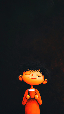 JPG 전신 캐릭터 남자 행복 커피 어린이 일러스트 티타임 한명 들기 소년 컵 검은색 조용 소년한명만 차분 국내일러스트 일러캐릭터 AI일러스트 AI콘텐츠 1 식기 감정 음료 컬러 컨셉 모션 휴식 사람 남자한명만 소년만 파일형식