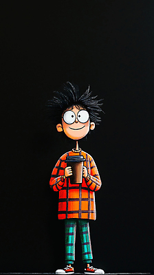 JPG 전신 캐릭터 남자 행복 커피 어린이 패턴 일러스트 티타임 한명 웃음 들기 소년 컵 검은색 체크무늬 소년한명만 국내일러스트 일러캐릭터 AI일러스트 AI콘텐츠 1 식기 감정 음료 컬러 무늬 모션 휴식 표정 사람 남자한명만 소년만 파일형식