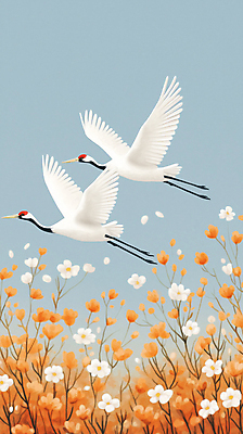 JPG 꽃 일러스트 자연 하늘 풍경 사람없음 평화 고요 학 비행 철새 국내일러스트 AI일러스트 AI콘텐츠 식물 컨셉 조류 생태계 파일형식