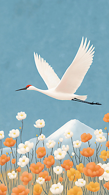 JPG 꽃 일러스트 자연 하늘 풍경 사람없음 평화 고요 학 비행 철새 국내일러스트 AI일러스트 AI콘텐츠 식물 컨셉 조류 생태계 파일형식