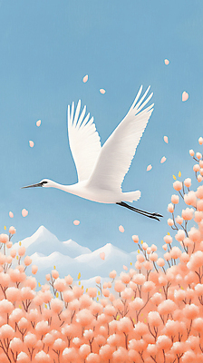 JPG 꽃 일러스트 자연 하늘 산 풍경 사람없음 평화 고요 학 비행 철새 국내일러스트 AI일러스트 AI콘텐츠 식물 컨셉 조류 생태계 파일형식