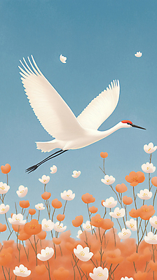 JPG 꽃 일러스트 자연 하늘 풍경 사람없음 평화 고요 학 비행 철새 국내일러스트 AI일러스트 AI콘텐츠 식물 컨셉 조류 생태계 파일형식
