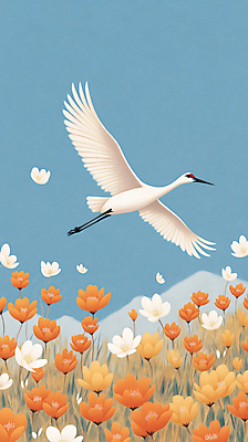 JPG 꽃 일러스트 자연 하늘 산 풍경 사람없음 평화 고요 학 비행 철새 국내일러스트 AI일러스트 AI콘텐츠 식물 컨셉 조류 생태계 파일형식