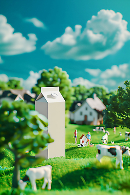 JPG 나무 편집이미지 자연 하늘 주택 사람 초원 미니어처 우유 젖소 목업 편집실사 우유갑 AI포토 AI콘텐츠 식물 유제품 건물 모형 소 CG 생태계 파일형식