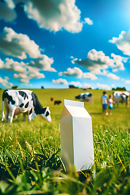 JPG 편집이미지 자연 하늘 잔디 초원 사람없음 우유 젖소 목업 편집실사 우유갑 AI포토 AI콘텐츠 식물 유제품 소 CG 생태계 파일형식