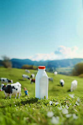 JPG 편집이미지 자연 하늘 초원 사람없음 우유 우유병 젖소 목업 편집실사 AI포토 AI콘텐츠 병_용기 유제품 소 CG 생태계 파일형식