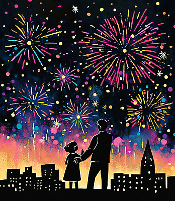 PSD 여자 남자 딸 어린이 일러스트 가족 동화 불꽃놀이 소녀 성인 두명 빛 컬러풀 축제 화려 아빠 야간 구경 크레파스 국내일러스트 자연요소 컬러 컨셉 관계 놀이 학용품 사람 파일형식