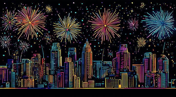 PSD 일러스트 동화 불꽃놀이 빌딩 사람없음 빛 컬러풀 축제 도시 화려 야간 크레파스 국내일러스트 자연요소 컬러 컨셉 놀이 학용품 건물 파일형식