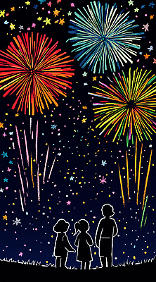 PSD 여자 남자 어린이 일러스트 동화 불꽃놀이 소녀 소년 세명 빛 컬러풀 축제 화려 야간 구경 크레파스 어린이만 국내일러스트 자연요소 컬러 컨셉 놀이 학용품 사람 파일형식