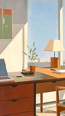 JPG 화분 종이 일러스트 창문 나뭇잎 실내 사람없음 책 노트북 인테리어 펜 공간 스탠드 편안함 책상 서랍장 국내일러스트 AI일러스트 AI콘텐츠 디자인 가구 잎 조명 내부 전자제품 필기구 감각 파일형식