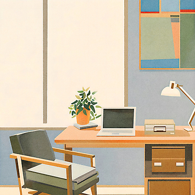 JPG 화분 벽 의자 일러스트 나뭇잎 실내 사람없음 노트북 인테리어 공간 스탠드 편안함 책상 서랍장 국내일러스트 AI일러스트 AI콘텐츠 디자인 가구 잎 조명 내부 전자제품 감각 파일형식