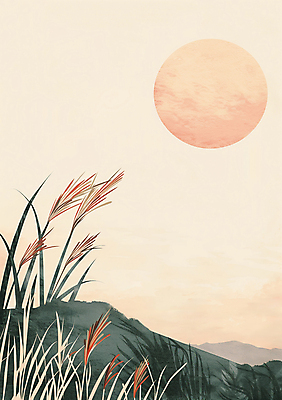 JPG 일러스트 갈대 풍경 사람없음 태양 가을 베이지색 국내일러스트 AI일러스트 AI콘텐츠 자연요소 식물 계절 컬러 파일형식