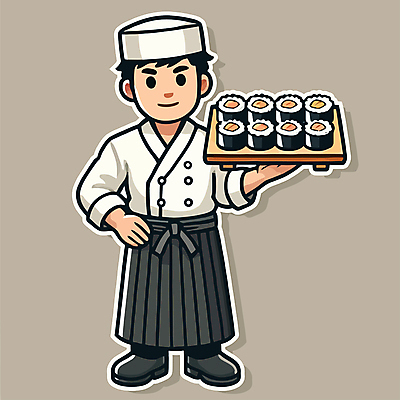 접시 남자 일러스트 한명 웃음 들기 성인 요리사 앞치마 초밥 롤스시 위생모 일본음식 성인남자한명만 일러캐릭터 AI파일 직업 캐릭터 1 식기 음식 모션 표정 사람 남자한명만 성인남자만 파일형식 벡터
