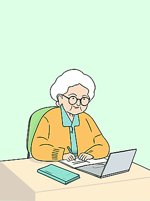 여자 교육 노년 행복 안경 의자 일러스트 한명 상반신 노트북 실버라이프 노후 학습 볼펜 공책 기록 은퇴 노후대책 자기계발 노인여자한명만 국내일러스트 AI파일 1 라이프스타일 잡화 감정 가구 문구용품 사람 성인 전자제품 펜 여자한명만 노인여자만 파일형식 벡터