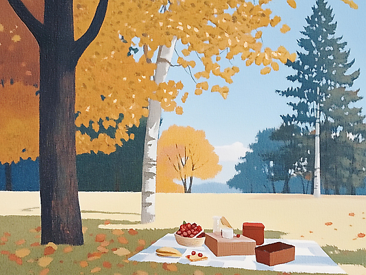 JPG 나무 낙엽 과일 일러스트 디저트 수채화 풍경 잔디 사람없음 소풍 노란색 바구니 가을 분위기 돗자리 국내일러스트 AI일러스트 AI콘텐츠 식물 계절 음식 컬러 컨셉 잎 야외활동 파일형식