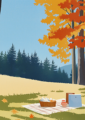 JPG 나무 낙엽 일러스트 수채화 풍경 잔디 사람없음 종이봉투 소풍 노란색 바구니 가을 분위기 돗자리 국내일러스트 AI일러스트 AI콘텐츠 식물 계절 컬러 컨셉 잎 봉투 야외활동 파일형식