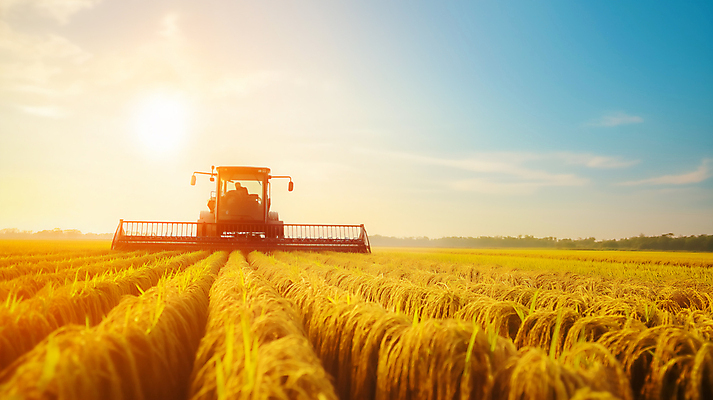 JPG 편집이미지 하늘 사람없음 태양 노란색 기계 수확 벼 쌀 가을 벼농사 탈곡기 풍요 편집실사 AI포토 AI콘텐츠 자연요소 계절 컬러 컨셉 농업 곡류 농사 농기구 CG 파일형식