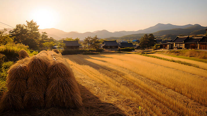 JPG 편집이미지 산 기와집 사람없음 태양 노란색 수확 벼 쌀 가을 볏짚 벼농사 풍요 편집실사 AI포토 AI콘텐츠 자연요소 계절 컬러 컨셉 농업 한옥 곡류 농사 짚 CG 파일형식