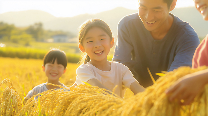 JPG 편집이미지 여자 남자 어린이 가족 웃음 소녀 소년 여러명 성인 노란색 수확 벼 쌀 가을 벼농사 풍요 의료성형뷰티 편집실사 AI인물포토 AI콘텐츠 계절 컬러 다수 컨셉 농업 관계 곡류 표정 사람 농사 CG 파일형식 AI포토