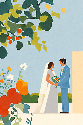 전신 PSD 커플 여자 남자 꽃 부케 웨딩드레스 결혼 일러스트 들기 정장 성인 두명 마주보기 정원 손잡기 로맨틱 신랑신부 성인만 국내일러스트 식물 드레스 옷 신부_웨딩 꽃다발 신랑 컨셉 관계 모션 사람 이벤트 파일형식