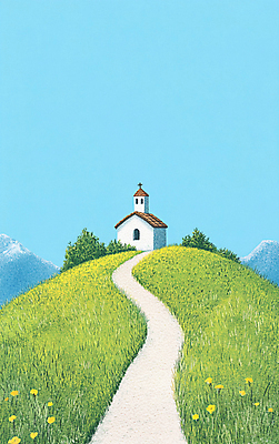 JPG 꽃 기독교 길 십자가 일러스트 자연 하늘 산 잔디 사람없음 교회 언덕 국내일러스트 AI일러스트 AI콘텐츠 식물 종교 종교건축 건물 생태계 파일형식