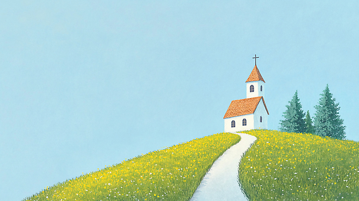 JPG 나무 기독교 길 십자가 일러스트 자연 하늘 잔디 사람없음 교회 언덕 국내일러스트 AI일러스트 AI콘텐츠 식물 종교 종교건축 건물 생태계 파일형식