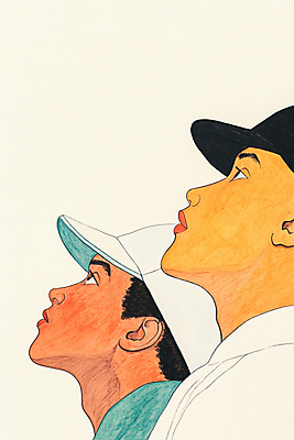 JPG 모자 응시 남자 포스터 일러스트 함께함 상반신 성인 두명 희망 올려보기 성인남자만 국내일러스트 AI일러스트 AI콘텐츠 시선 잡화 감정 컨셉 모션 사람 남자만 성인만 파일형식