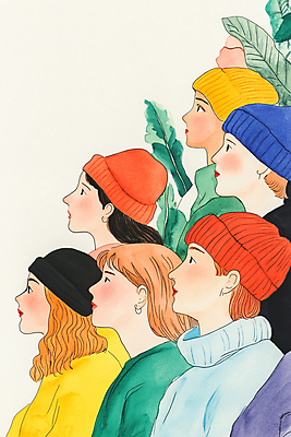 JPG 응시 여자 남자 포스터 일러스트 나뭇잎 함께함 여러명 성인 컬러풀 희망 올려보기 비니 성인만 국내일러스트 AI일러스트 AI콘텐츠 모자_잡화 시선 감정 컬러 다수 컨셉 잎 모션 사람 파일형식