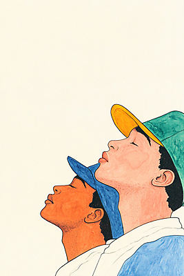 JPG 모자 응시 남자 포스터 일러스트 함께함 성인 두명 컬러풀 눈감음 희망 올려보기 성인남자만 국내일러스트 AI일러스트 AI콘텐츠 시선 잡화 감정 컬러 컨셉 모션 사람 남자만 성인만 파일형식