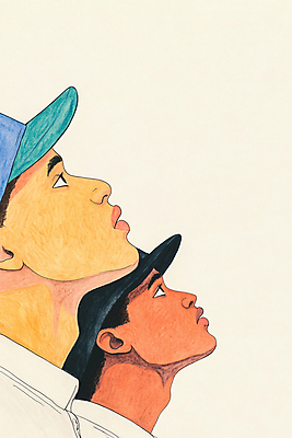 JPG 모자 응시 남자 포스터 일러스트 함께함 성인 두명 컬러풀 희망 올려보기 성인남자만 국내일러스트 AI일러스트 AI콘텐츠 시선 잡화 감정 컬러 컨셉 모션 사람 남자만 성인만 파일형식